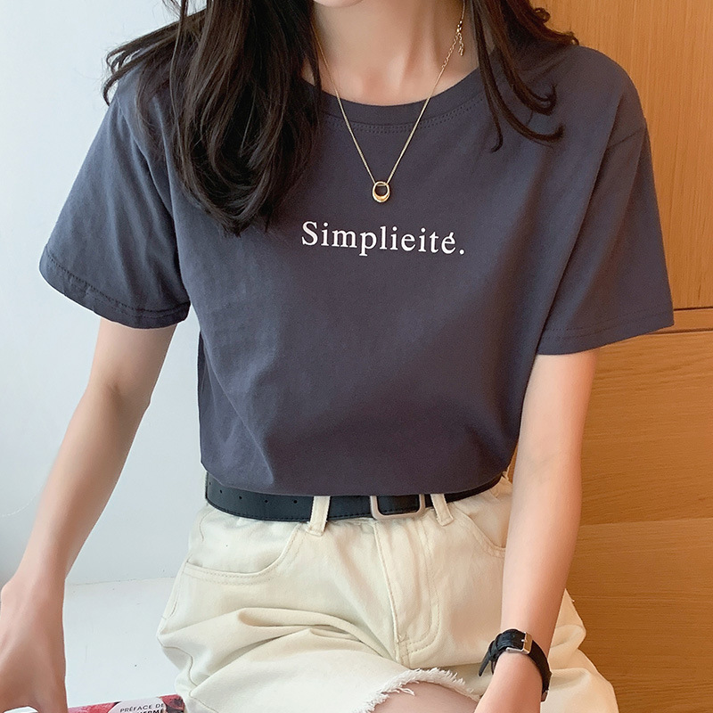 Internet Celebrity Minimalist Short-Sleeved T-shirt Women's Cotton Printed Blouse 2023 New Summer Wide Pine T-shirt Ins Fashion