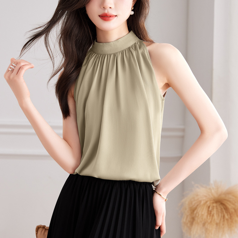 2024夏季新款时尚缎面小背心无袖真丝衬衫上衣女夏挂脖吊带背心潮