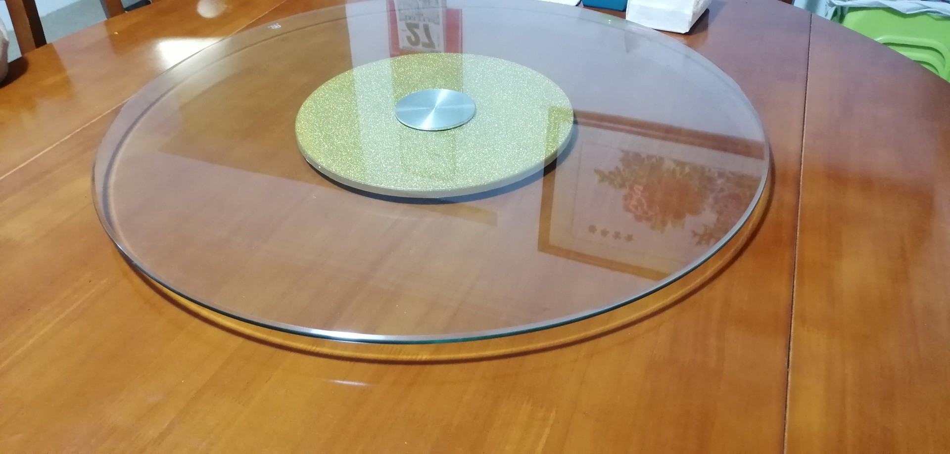 金色透明玻璃转盘圆台旋转盘餐桌底座饭店专用圆形转盘开孔玻璃面