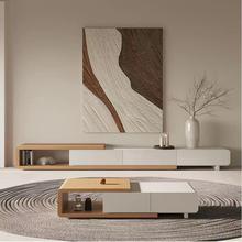 可伸缩电视柜原木白新款轻奢家用现代极简约小户型客厅实木高级