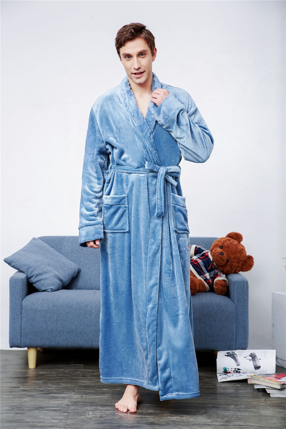 跨境秋冬加厚加长法兰绒纯色青果领翻领家居服珊瑚绒睡袍一件代发