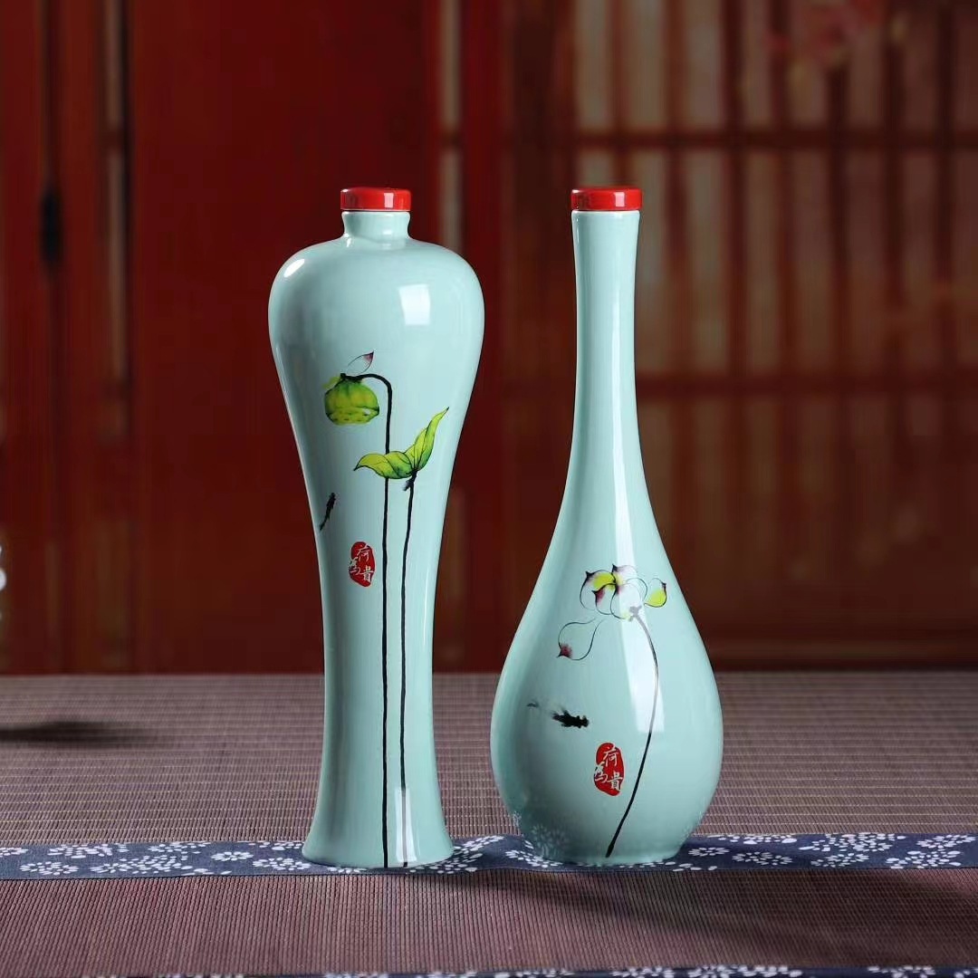 景德镇陶瓷空酒瓶 荷为贵艺术酒罐 1斤礼盒装酒坛 酒瓶 酒盅套盒