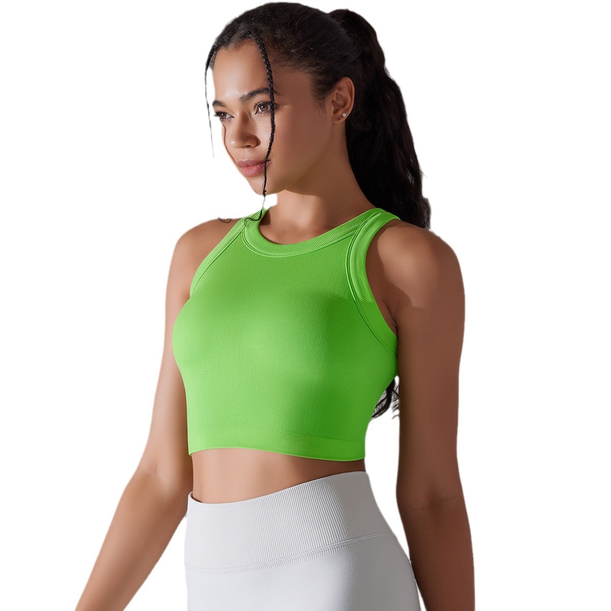 New Seamless Knitted Solid Color Rib Semi-Fixed Cup Yoga Clothes Exercise Sleeveless Vest Running Fitness Top Women