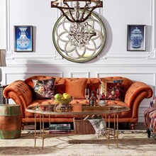 美式拉扣橘色复古沙发轻奢客厅布艺丝绒弧形三人位成人简约北欧