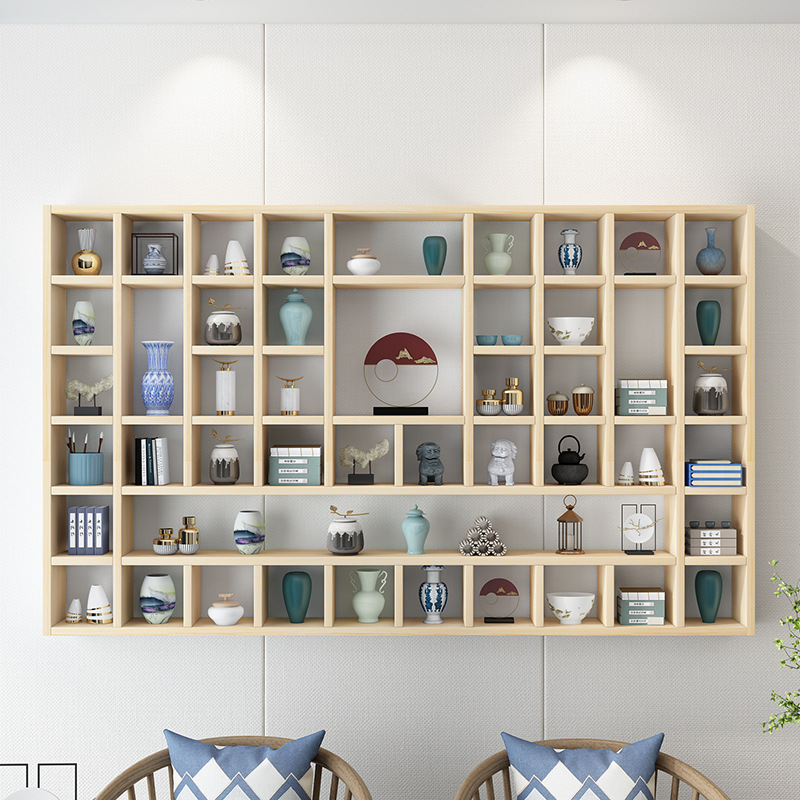 批发墙上置物架实木格子架茶壶茶杯展示架壁挂多宝阁创意格子架可