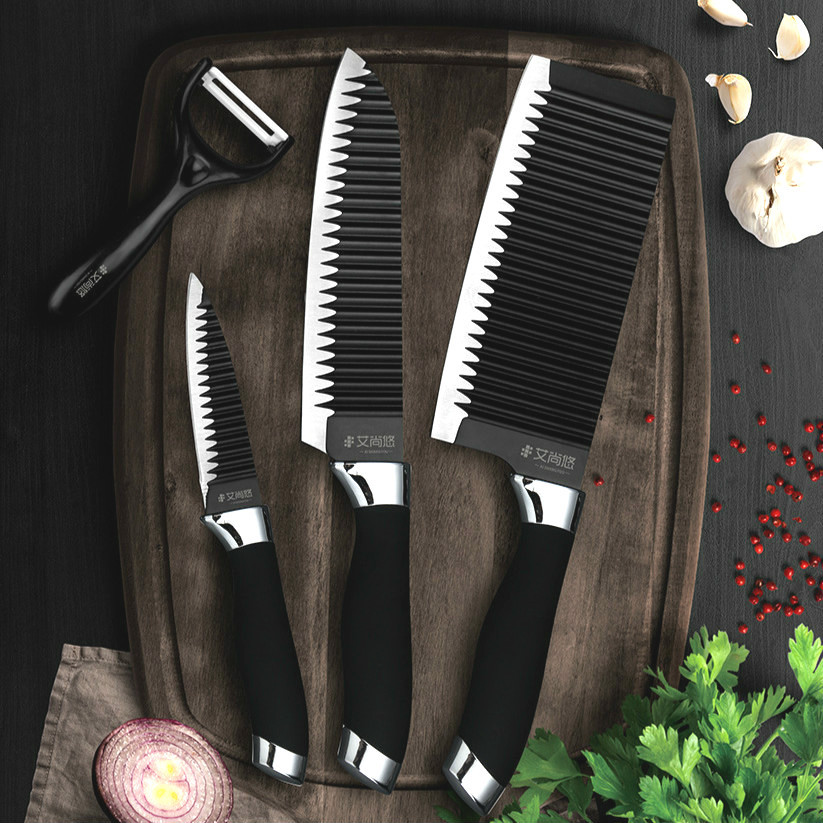 艾尚悠现代简约不锈钢刀具套装波浪纹四件套不沾刀厨师用刀