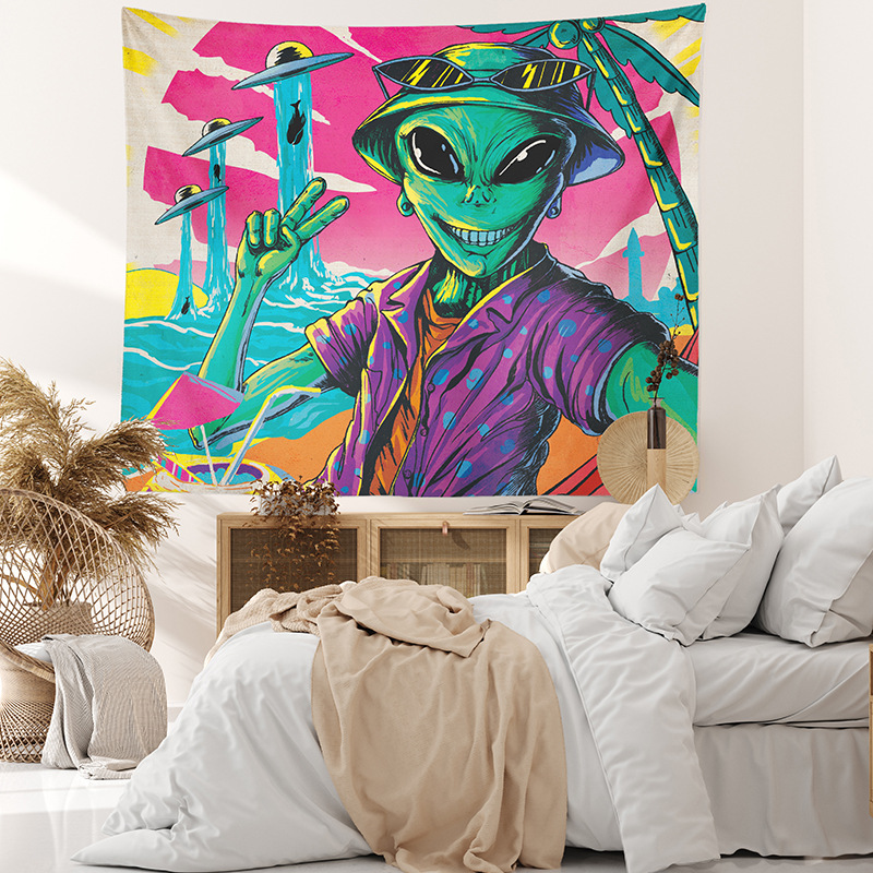 跨境专供 北欧科幻外星人图案印花挂毯 装饰背景布