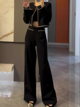 小香名媛风2024春季新品设计感链条套装短外套高腰阔腿长裤两件套