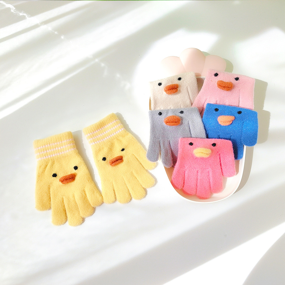 Korean Style Children‘s Warm Gloves Winter Cute Little Duck Girls‘ Knitted Full Finger Kindergarten Middle School Students Finger