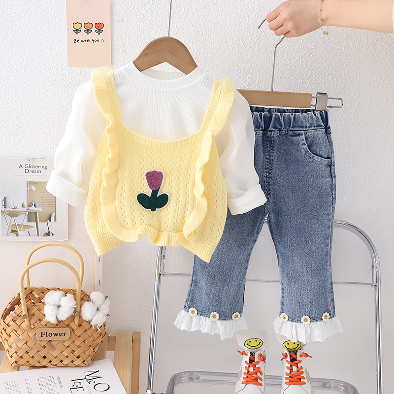 Korean Style Children's Clothing New Autumn Clothes Girl's Knitted Vest Three-Piece Autumn Puff Sleeve Children's Long-Sleeve Suit Clothes