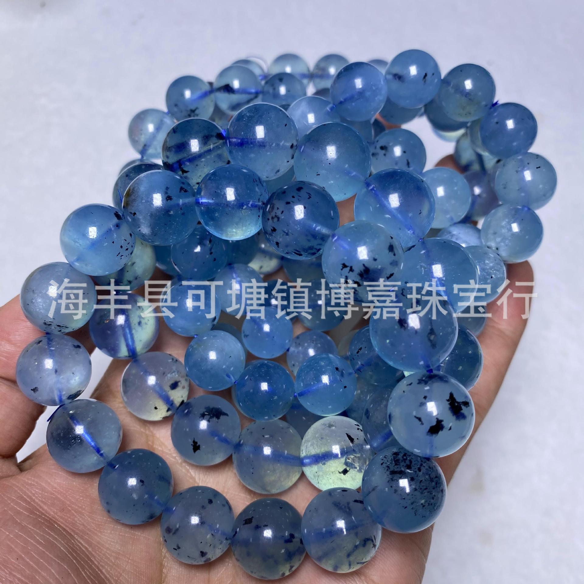 天然海蓝宝水晶黑云母共生散珠 魔鬼蓝圆珠手串海 天然蓝宝魔鬼蓝
