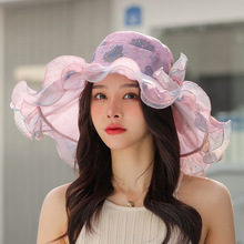 帽子女夏季薄款印花可折叠透气防晒遮阳太阳帽花边欧根纱大檐外贸