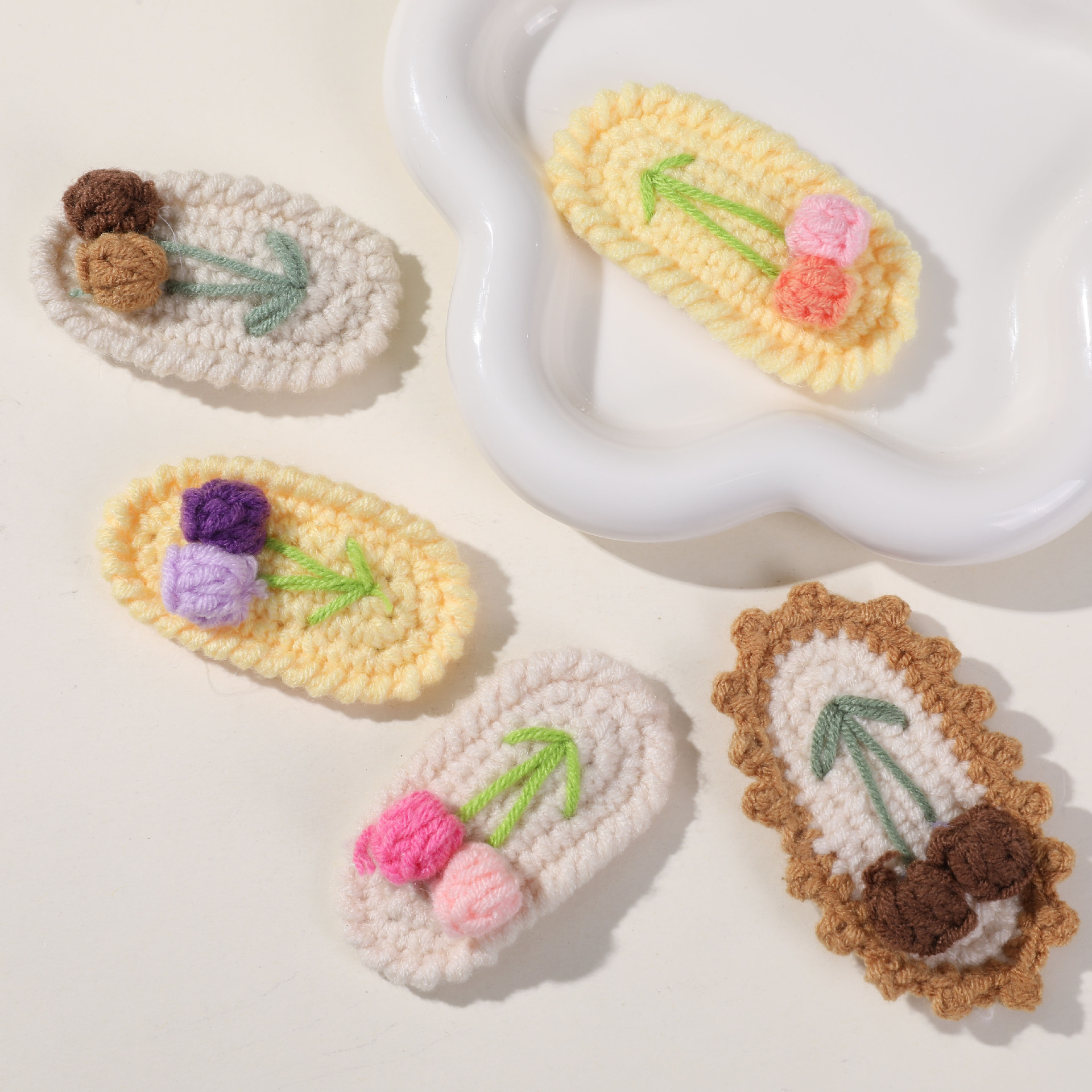 法式复古风田园棉线钩织郁金香发夹diy饰品头饰发饰边夹刘海夹女