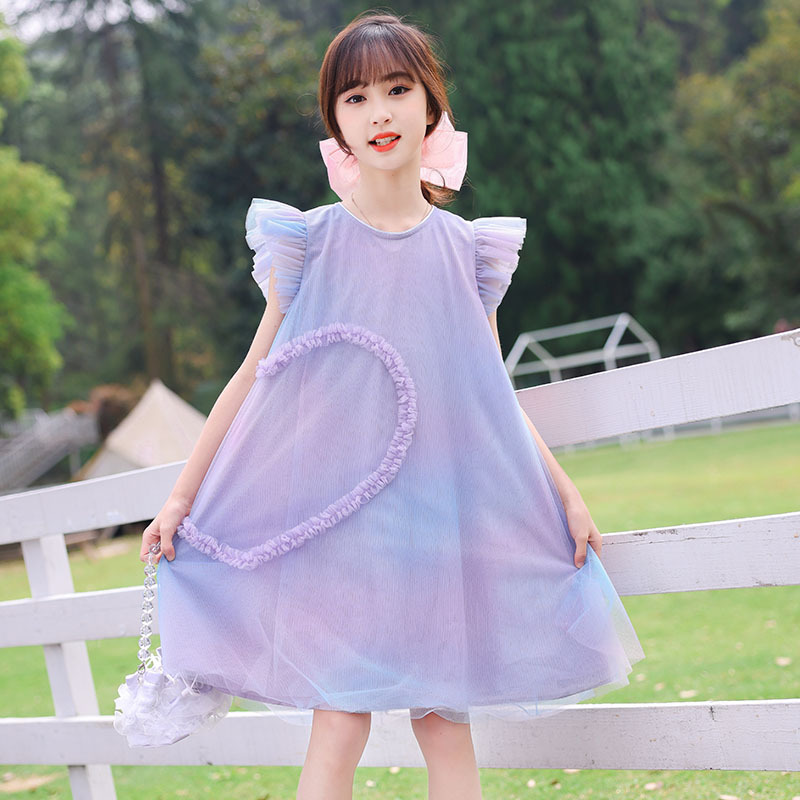 女童连衣裙中大童爱心夏装无袖公主裙儿童六一演出裙表演群童装