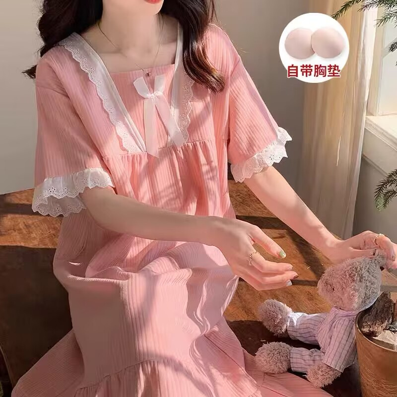 睡裙女夏季新款针织棉带胸垫睡衣少女甜美公主风中长睡裙家居服薄