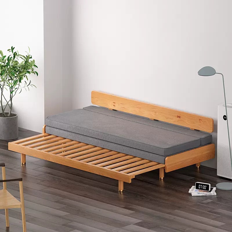 北欧实木折叠两用沙发床 樱桃木小户型伸缩床单人榻榻米推拉床