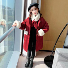 外贸厂家女童外套大童中长款红色大衣冬装2023新款毛领洋气拜年服