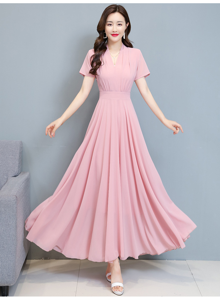 雪纺连衣裙女2021初夏新款连衣裙v领气质修身显瘦大摆长裙