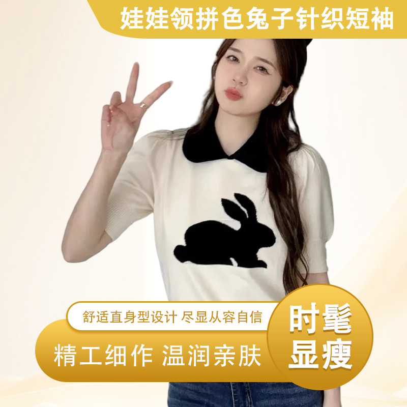 娃娃领拼色兔子毛衣针织短袖t恤女夏季设计感修身显瘦泡泡袖6514