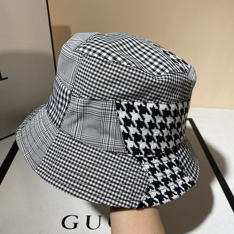 复古黑白千鸟格拼接渔夫帽洋气百搭小香风帽子女春夏韩版遮阳盆帽