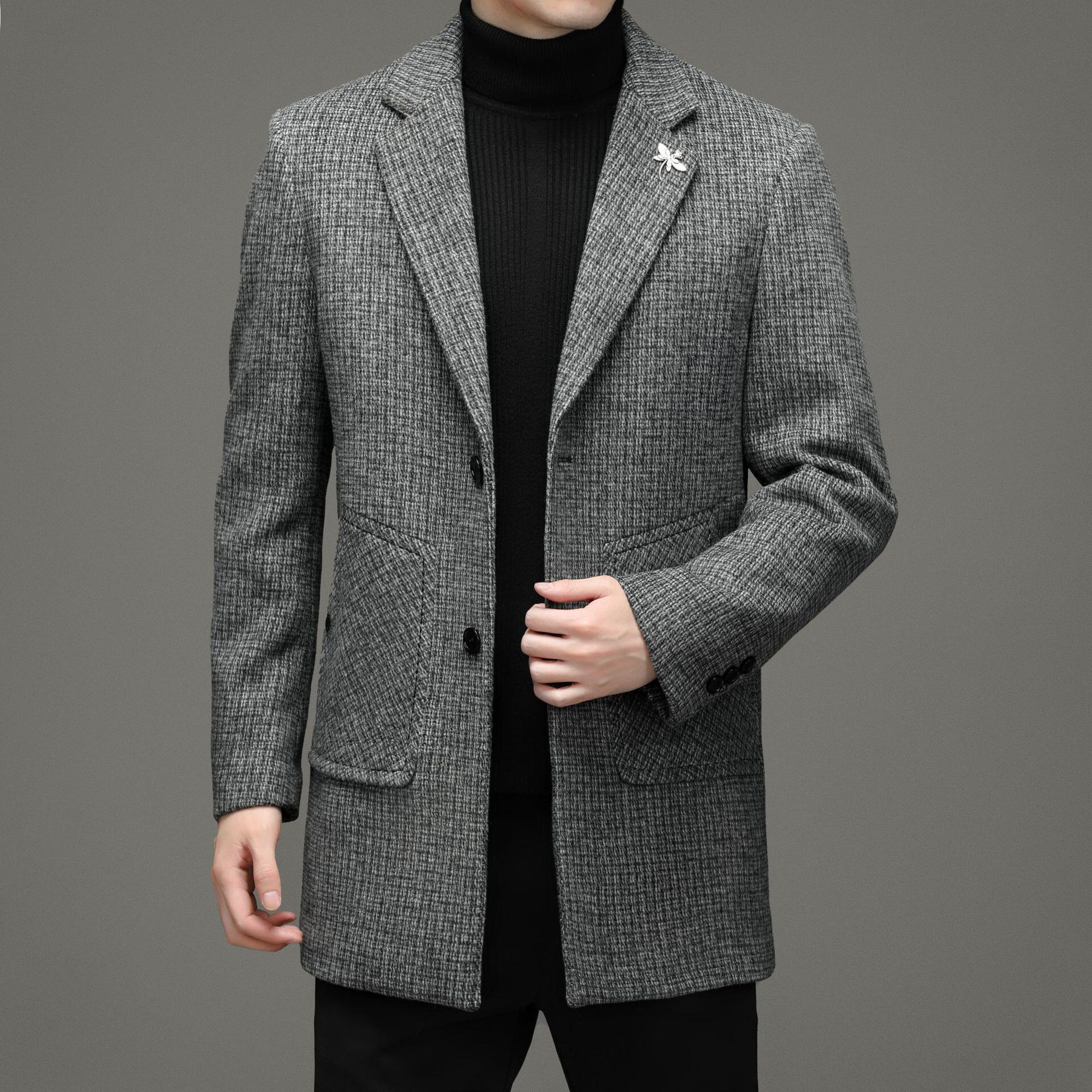 秋冬男式轻奢休闲中长款羊毛呢子大衣 英伦风条纹格子男士外套