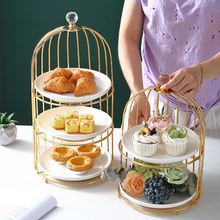 酒店创意鸟笼单双层展示架子蛋糕甜品台摆台办公室下午茶陶瓷托盘
