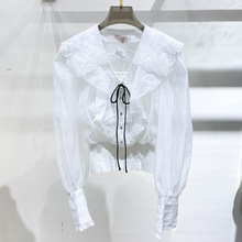 白色针织拼接娃娃领长袖衬衫女春秋季2024新款设计感甜美衬衣上衣