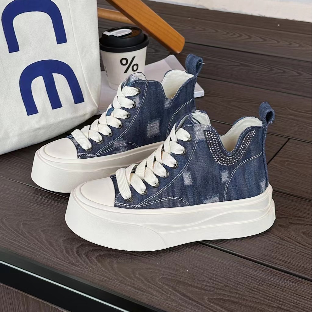 高帮帆布鞋女2024新款秋季厚底增高板鞋子小众设计感休闲运动潮鞋