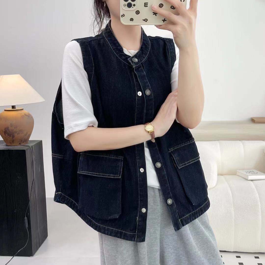 秋款新款牛仔马甲女无袖宽松休闲工装马夹学院风时尚开衫韩版背心