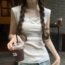 纯欲蝴蝶结u领针织短袖T恤女夏季甜辣妹修身显瘦性感背心锁骨上衣