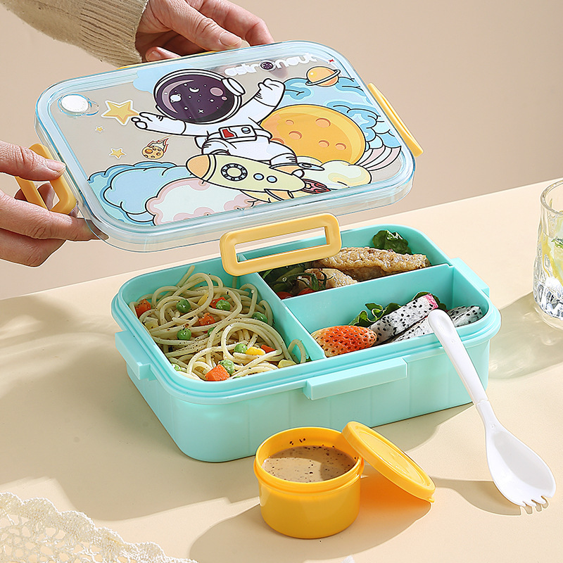 Cartoon Three-Grid Lunch Box Astronaut Dinosaur Unicorn Children's Lunch Box with Salad Bowl Sealed Lunch Box Crisper