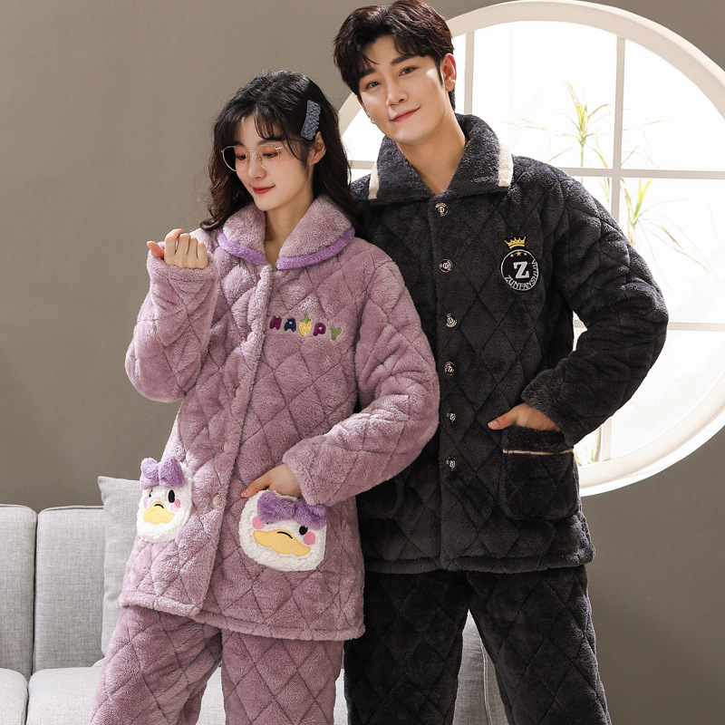 情侣睡衣女冬季珊瑚绒三层加厚夹棉加绒保暖男士家居服秋冬款套装