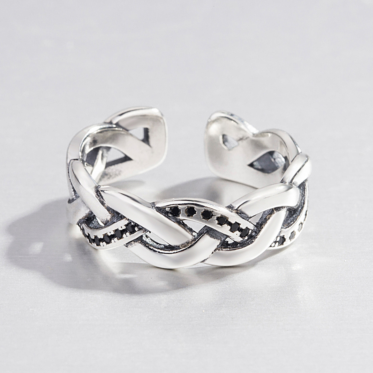 韩版s925纯银戒指气质微镶钻别针回形针尾戒关节复古戒指女银饰