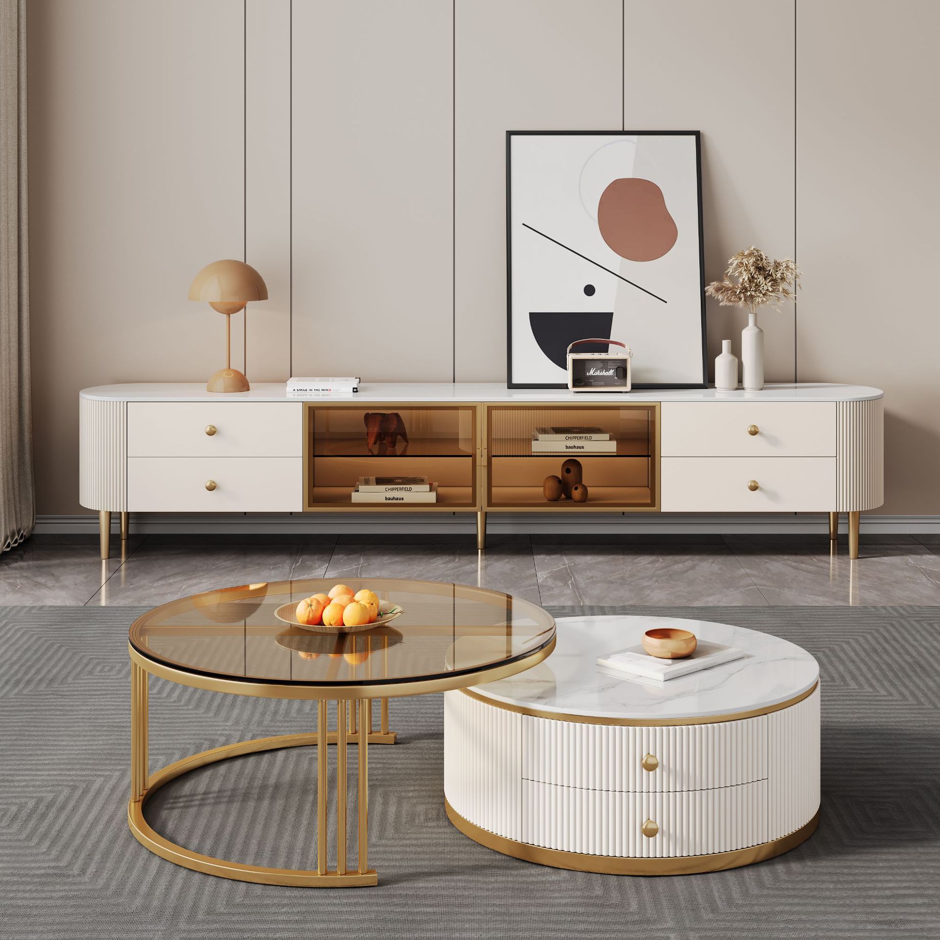 轻奢奶油风茶几电视柜组合大小户型简约现代岩板电视机柜客厅高端