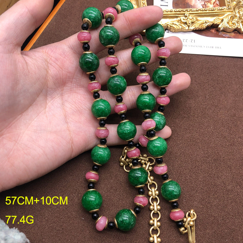 Mid-Ancient Western Style Green Agate Watermelon Tourmaline Stone Beaded Mid-Length Necklace Same Style Matching Earrings Sweater Chain All-Matching