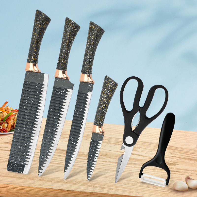 玫瑰金水波纹菜刀六件套家用厨房刀具高端外贸刀剪套装套刀全套