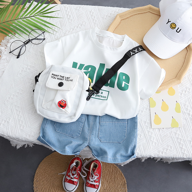 2024 New Children's Letter Crew Neck Short Sleeve Suit Girls' Summer Clothes Boys' Shorts Denim Girls' Baby Clothes