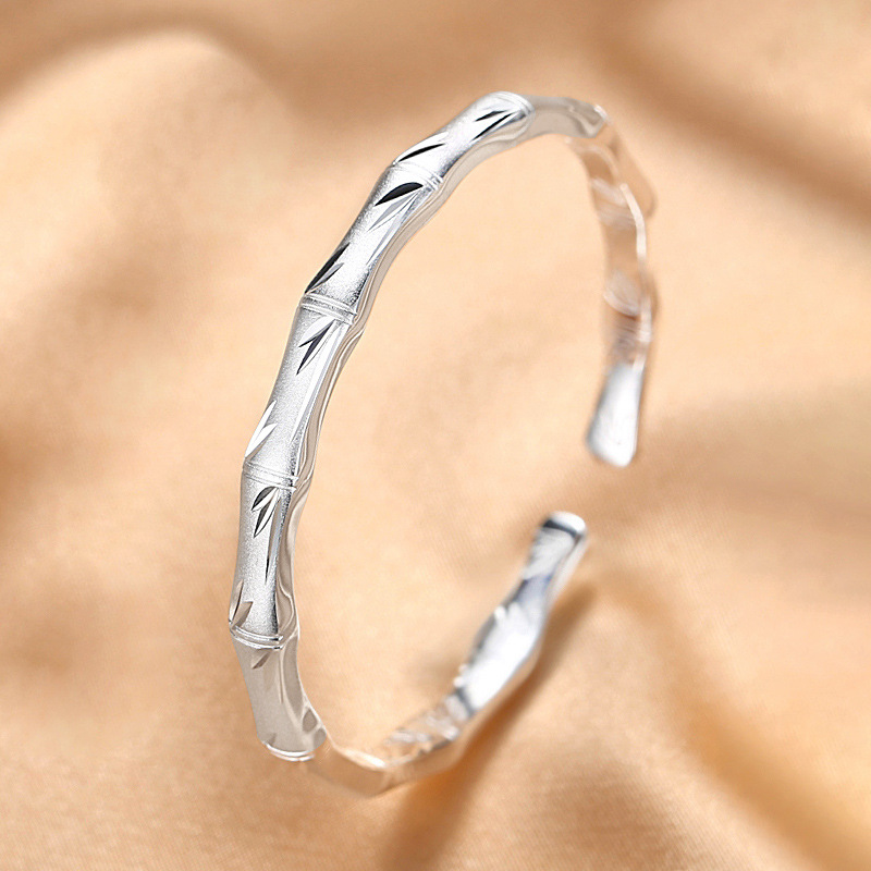 足银999竹节开口银手镯女古法简约素圈实心民族风年轻款纯银镯子