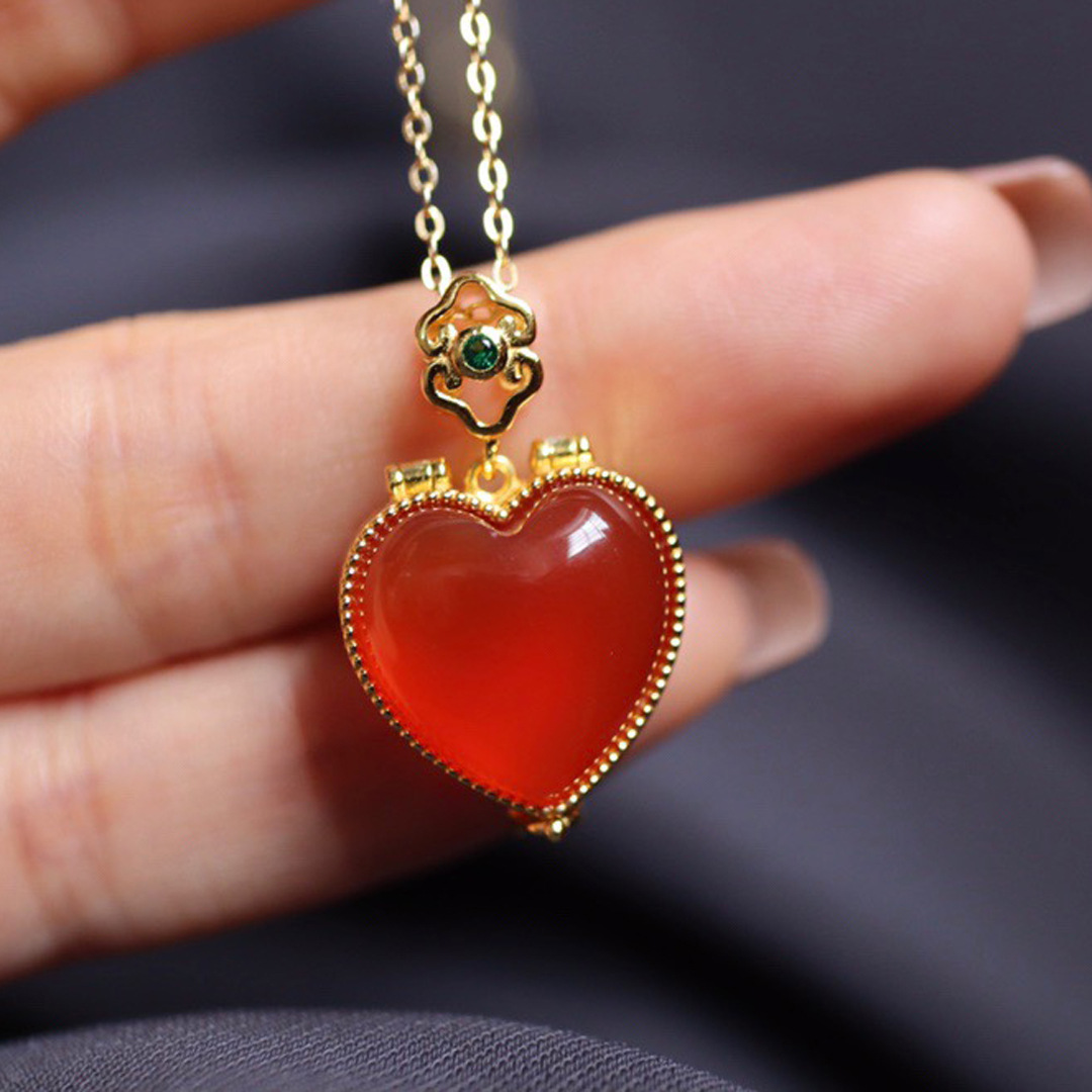 天然冰红玛瑙心形吊坠s925银镶嵌复古珐琅彩冰红玛瑙香囊项链