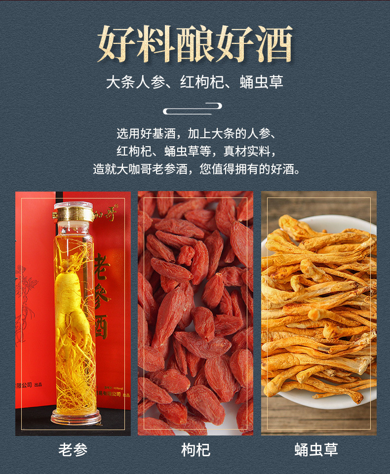 大咖哥老参酒泸州白酒整箱批发高档节假日礼盒装长白山人参枸杞酒