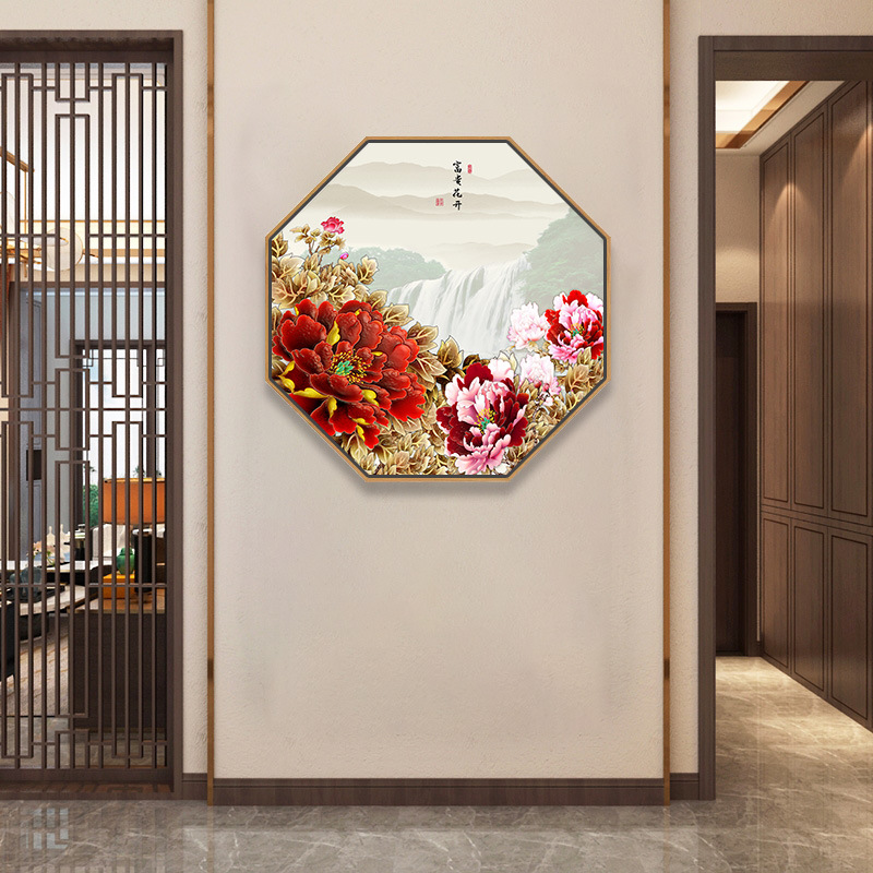 牡丹花装饰画八边形花开富贵图挂画玄关走廊背景墙中式进门墙壁画