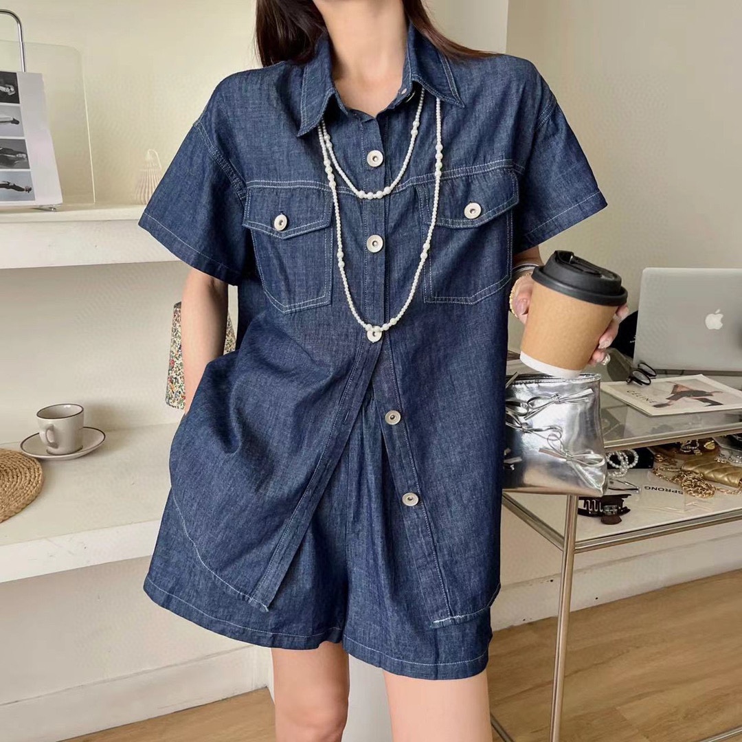 天丝牛仔套装女韩版宽松短袖衬衫高腰阔腿a字短裤 牛仔套装-阿里巴巴