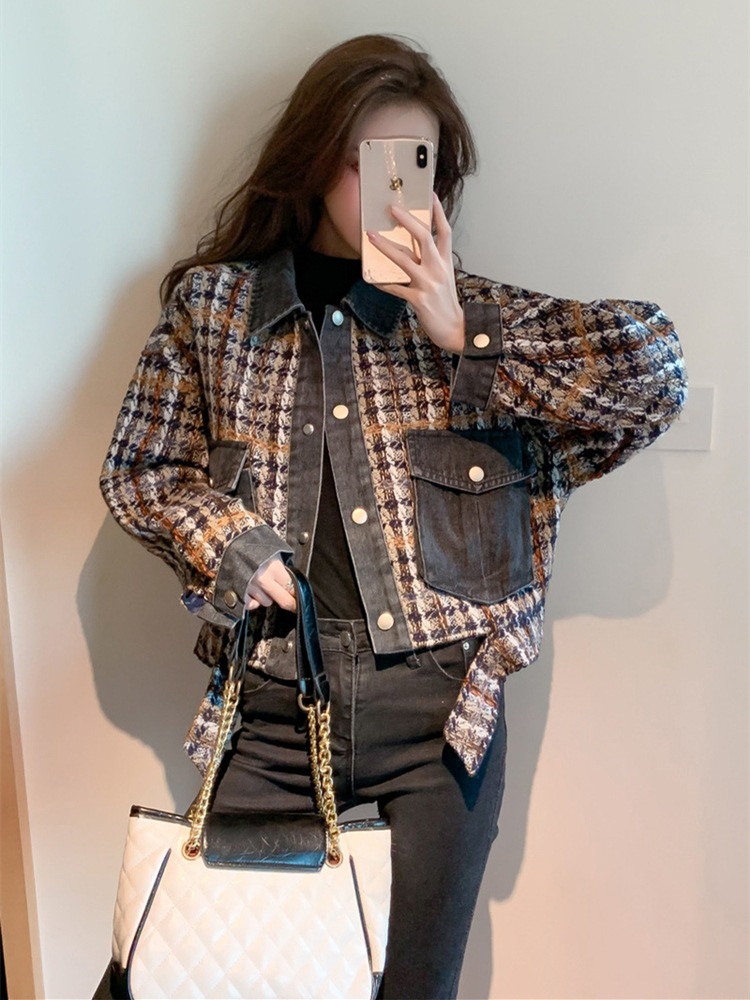 小香风炸街外套女春秋百搭宽松小个子千鸟格粗花呢短款夹克上衣潮