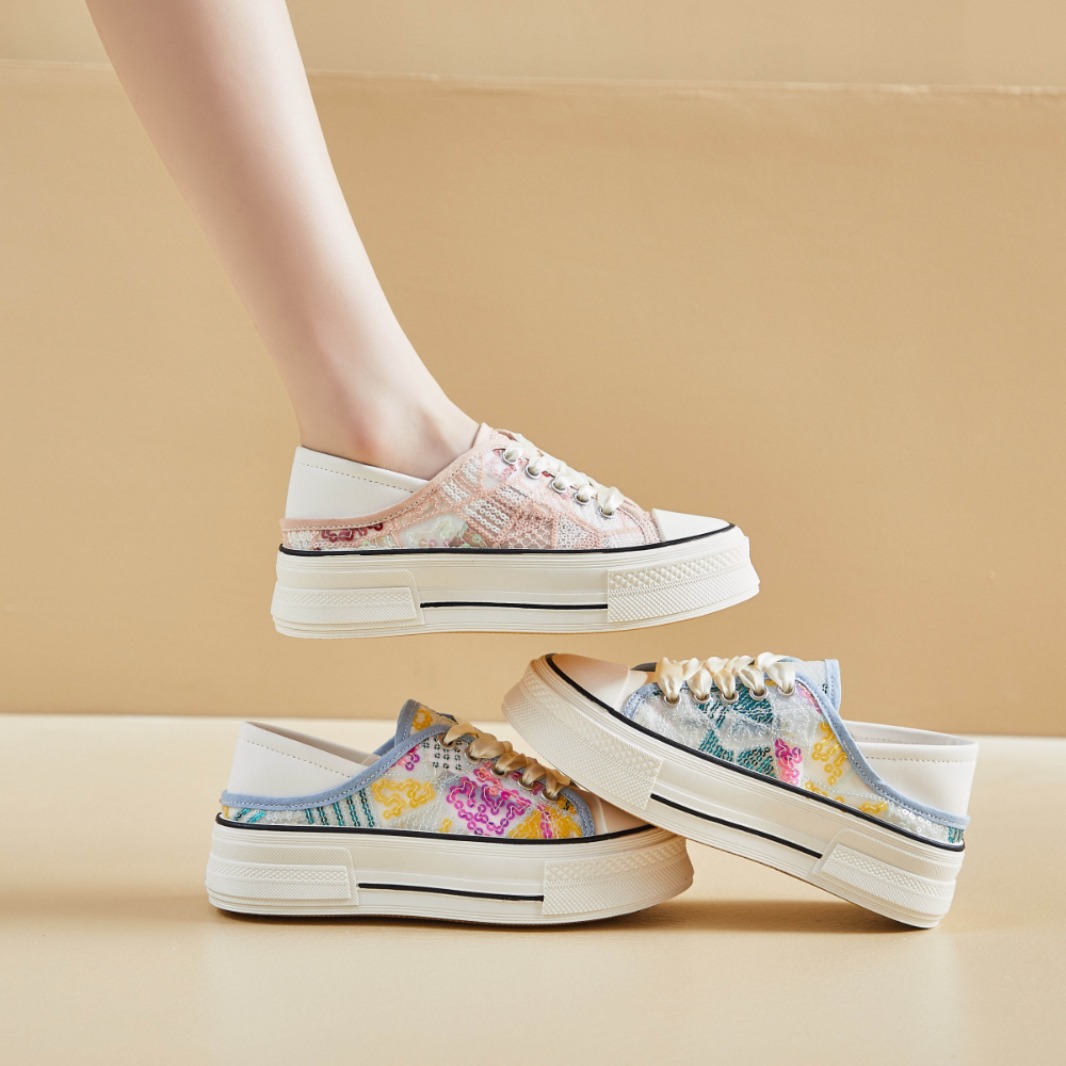 厚底帆布鞋2024年新款夏季网面透气女鞋百搭松糕亮片增高休闲板鞋