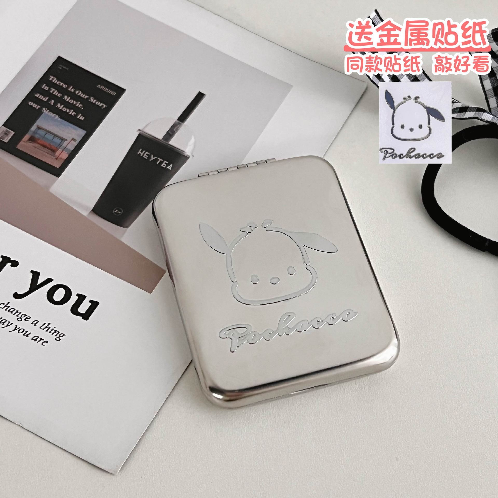 Stainless Steel Makeup Mirror Shatter-Resistant Portable Mirror Laser Logo Lettering Ins Handheld Double-Sided Folding Mirror