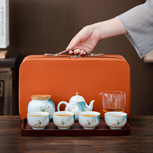 手绘堆雕填彩荷花施庭壶茶壶茶盘便携式商务手提功夫茶具旅行套装