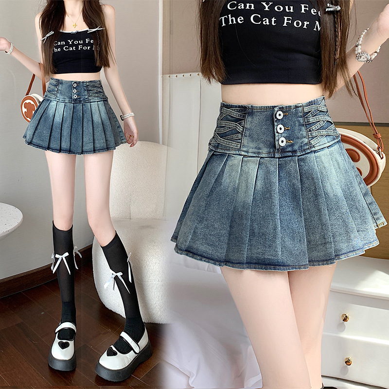 2024夏季新款网红辣妹重工百褶裙弹力牛仔裙女高腰显瘦短裙半身裙