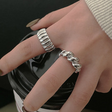 甜酷牛角包戒指女时尚几何竖纹开口指环S925银ins小众设计食指戒