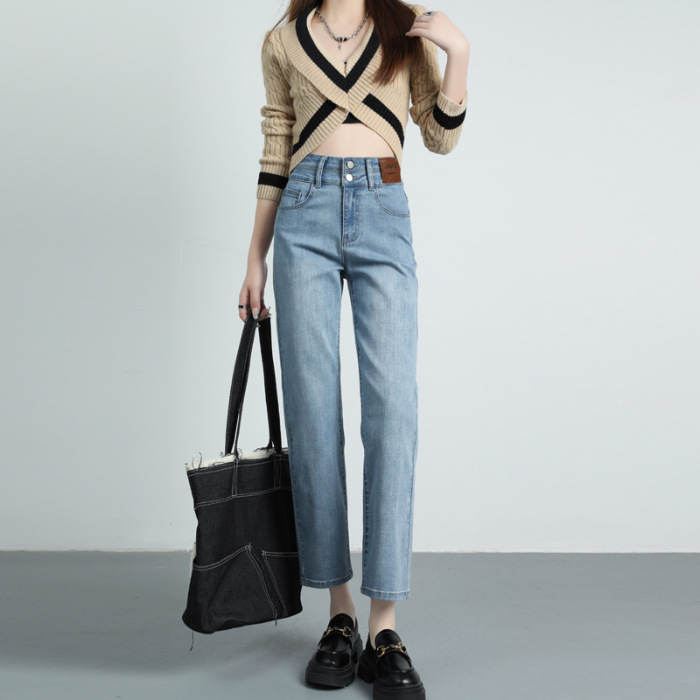 2023 Spring and Summer Hot-Selling High Slimming and Straight Cropped Jeans Women's Fashion High Waist Make Legs Look Long Cigarette Pants
