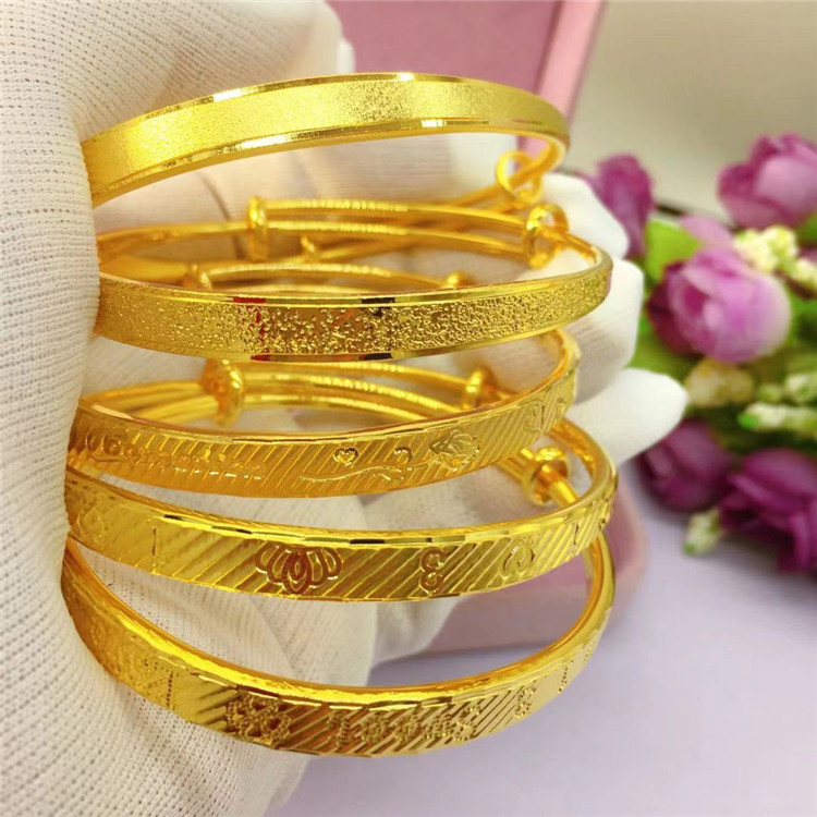 泰国金手镯保色系列 女款6毫米粗 光砂 磨砂 爱心皇冠1314手镯